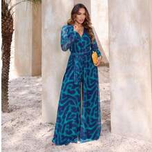 Women's Lightweight Tulle Jumpsuit With Long Sleeves, Fashion Style - Màu xanh ngọc - Xem 2
