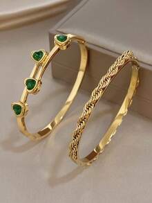 18K Gold Plated Stainless Steel Green Zirconia Heart-Shaped Bracelet, Women's Bracelet, Heart-Shaped Bracelet, Stainless Steel Jewelry, Designer Jewelry, Suitable For Daily Wear, Holidays, Dates, Parties, Valentine's Day, Easter, Mother's Day, Beach, Summer, Bohemian Style - Multicolor - View 3
