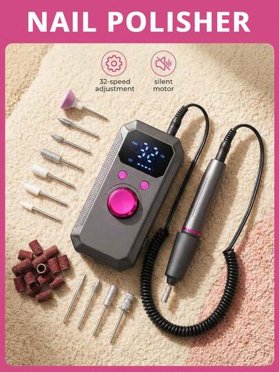 HYUNDAI 1 Set Electric Nail Polisher, Portable USB Rechargeable Nail Care Buffer, Nail Shaping Tool With 35 Speeds And 11 Sanding Heads, Suitable For Acrylic And Gel Nails, Professional Manicure Kit, Great Gift