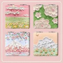 1 Cute Square Makeup Mirror With Magnifying Function, Double-Sided Compact Oil Painting Style Landscape Mirror - A Portable Handheld Women's Makeup Mirror - Multicolor - View 1