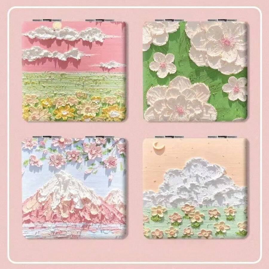 1 Cute Square Makeup Mirror With Magnifying Function, Double-Sided Compact Oil Painting Style Landscape Mirror - A Portable Handheld Women's Makeup Mirror - Multicolor - View 1
