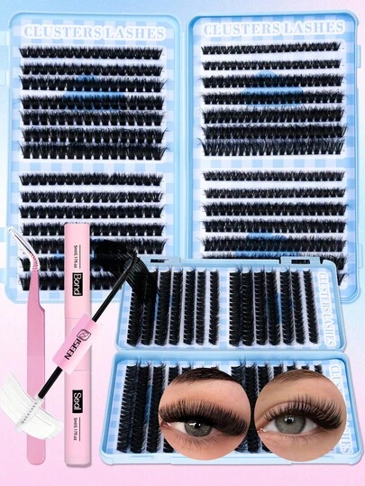 504 piezas Conjunto de pestañas postizas falsas segmentadas de estilo DIY, incluye pestañas individuales, adhesivo y sellador, pinzas, crea un efecto de pestaña natural y suave, set de pestañas postizas, libro de pestañas de gran capacidad, adecuado para principiantes, múltiples combinaciones de pestañas, cumple con diferentes necesidades de maquillaje de ojos