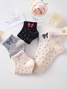 4 Pairs Women's Cute Breathable Bow Polka Dot Pattern Ankle Socks, Invisible Liner Socks, White And Black, Suitable For Casual Daily Wear, Applicable For Spring/Summer All Year Round - View 6