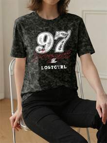 Áo thun nữ tay ngắn cổ tròn dáng rộng phong cách retro bạc màu, họa tiết số, kiểu dáng thường ngày, thời trang đường phố, mẫu mới mùa hè 2026. - màu đen - Xem 3