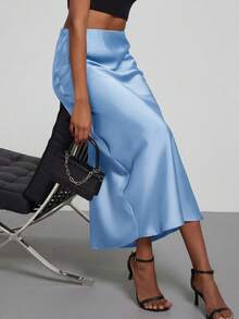 Se-Helo 女士四季时尚缎面弹力腰长裙 - 冰川蓝 春季优雅 - 冰河藍 - 查看 4