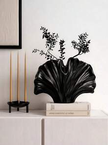 1pc Black Fan-Shaped Vase, Resin Sand Texture Vase, Suitable For Home Decor And Living Room Table Decoration - 1PC - View 2