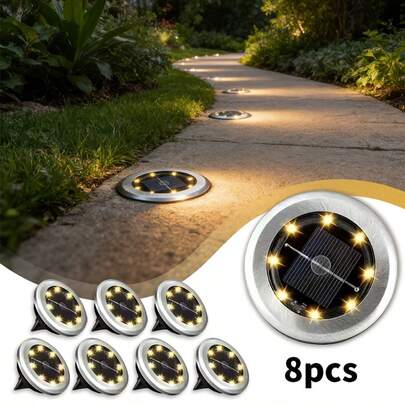 1/4/8/12个迷你太阳能8LED地埋灯，户外不锈钢太阳能地埋灯，太阳能路径灯，适用于庭院、花园、走道、车道，太阳能景观照明，太阳能供电，无需外部电源，适合户外使用