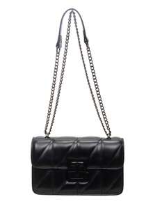 1pc Fashion New PU Square Bag Solid Color Versatile Chain Shoulder Bag For Women - Black - View 6