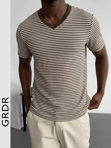 GRDR Men's Summer Striped V-Neck Short Sleeve T-Shirt, Minimalist Fashion Casual Outfit - Brown - View 2