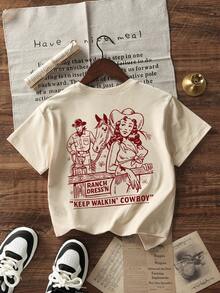 Women's Loose Round Neck Short Sleeve Printed Casual Top, Western Cowgirl Style - Apricot - View 5