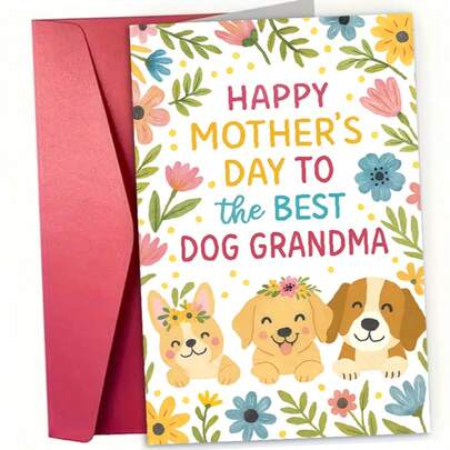 1 Thiệp chúc mừng Ngày của Mẹ dành cho Bà yêu chó, Thiệp minh họa hoa và cún con dễ thương kèm phong bì, Thiệp cảm ơn Bà yêu chó tuyệt vời nhất, Quà tặng Ngày của Mẹ cho người yêu thú cưng, Văn phòng phẩm đồ họa hoa và cún con đầy màu sắc, Thiệp Ngày của Mẹ từ thú cưng yêu quý, Món quà lý tưởng cho Bà yêu chó.