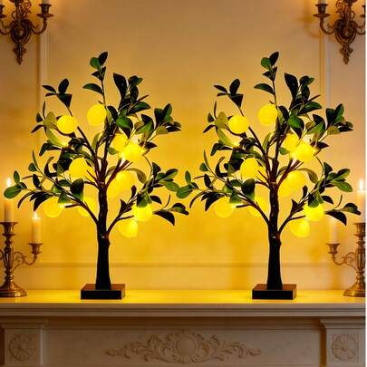 24灯仿真柠檬树灯，柠檬盆栽灯，逼真的仿真柠檬绿叶，仙女灯精灵树，适用于桌面、家居、婚礼、卧室、圣诞节等场合。
