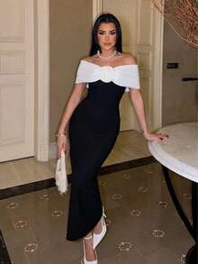 Black & White Color Block Off-Shoulder Ruched Bandage Formal Dress, Suitable For Party, Wedding, Formal Dinner - Black and White - View 1