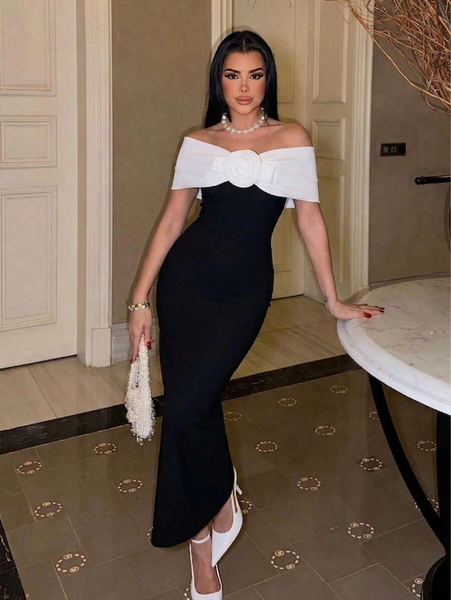 Black & White Color Block Off-Shoulder Ruched Bandage Formal Dress, Suitable For Party, Wedding, Formal Dinner - Black and White - View 1