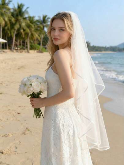 1 chiếc khăn voan cô dâu chất lượng cao, giá cả phải chăng, ngắn, một lớp, viền satin, phụ kiện tóc cưới.