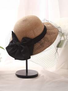 1 chiếc mũ rơm đan thủ công với ruy băng satin đen và lưới, vành rộng thoáng khí, thích hợp cho đám cưới và tiệc ngoài trời. - 1PC - Xem 8
