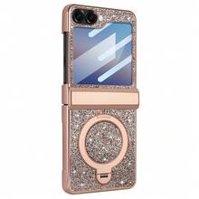 Shockproof Shiny Glitter Electroplated Hidden Circular Bracket Phone Case With Tempered Glass Screen Protector Compatible With Samsung Galaxy Z Flip 7/6 Foldable Phone Full Protection Birthday Gift - Purple - View 11