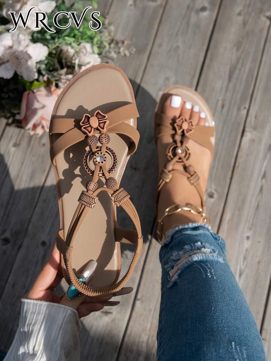 WRCVS Flat Sandals With Criss-Cross Straps And Open Toe, Lightweight, Non-Slip, Vacation Style, Random Woven Pattern, Tassel Outdoor Sandals