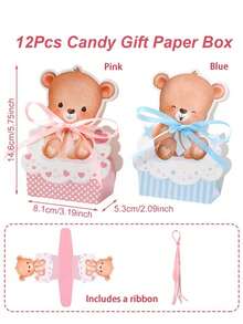 12pcs Cute Bear Cupcake Candy Boxes, Suitable For Baby Shower, Newborn Birthday Gift Packaging, Gender Reveal Party Favor Boxes (With Ribbons) - Multicolor - View 4