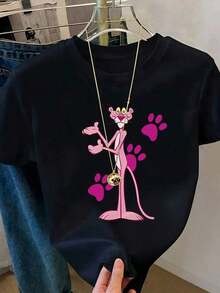 1 pcsCamiseta de cuello redondo y mangas cortas de ropa fashion, fabricada en México, para la temporada primavera-verano . Con estampado de dibujos animados, es un modelo de pareja, apta para usar tanto por dentro como por fuera, ideal para oficina y estilo casual, diseñada para hombres y mujeres, en unidad individual.180g 100% Cotton - Negro - Ver 5