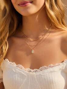 3pcs/Set Paperclip Box Chain & Shiny Cubic Zirconia Rectangle Pendant Necklace Set (Random Chain Clasp Quantity) - Yellow Gold - View 2