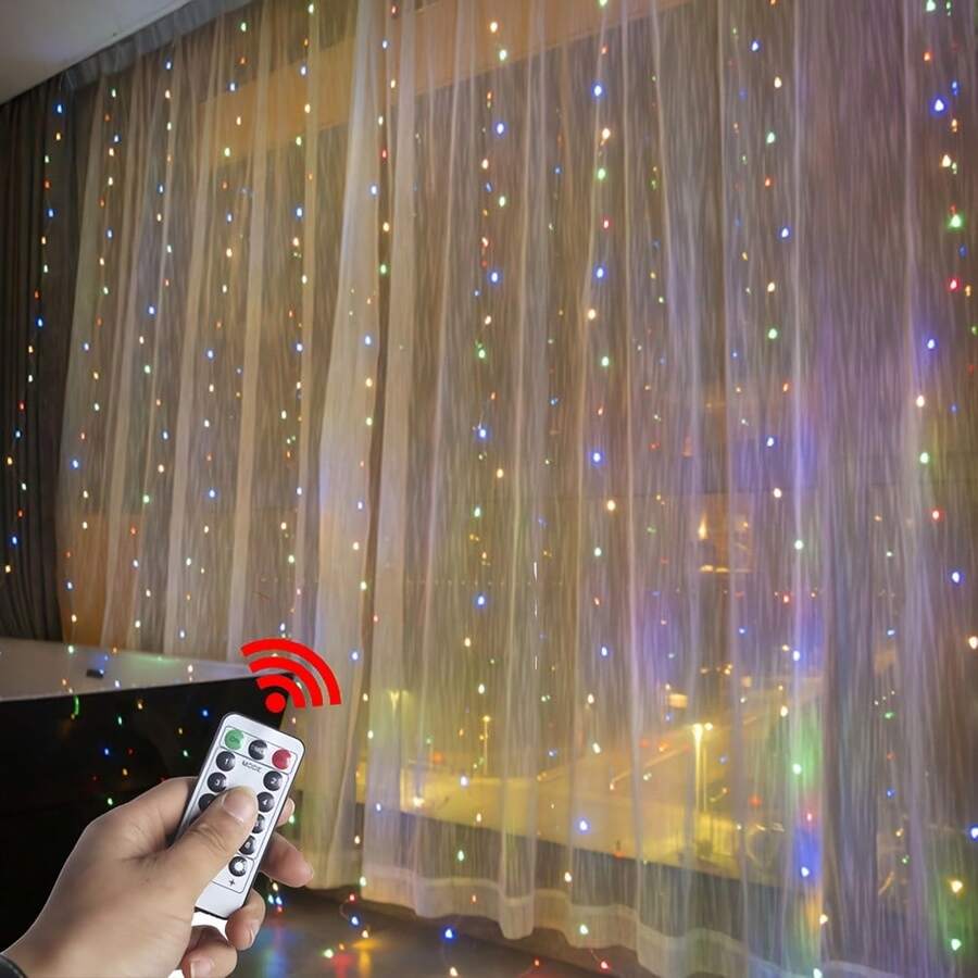300 LED Curtain String Lights, Fairy String Lights With 8 Light Modes & Remote Controlled, 9.8x9.8ft Indoor Outdoor String Lights For Christmas, Weddings, Party, Bedroom, Wall, Window - 彩色光 - 查看 1
