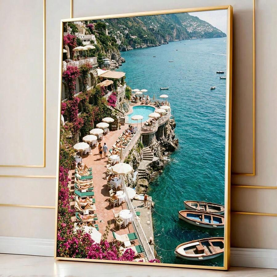 1 tranh in trên vải canvas chủ đề hoa mùa hè, bờ biển Amalfi, phong cảnh biển, vùng Riviera Ý, Địa Trung Hải, nghệ thuật trang trí nhà ven biển, nhà kiểu hiện đại, có khung/không khung, thích hợp trang trí cho căn hộ, phòng khách, phòng ngủ, nhà ở hiện đại. - A - Xem 1