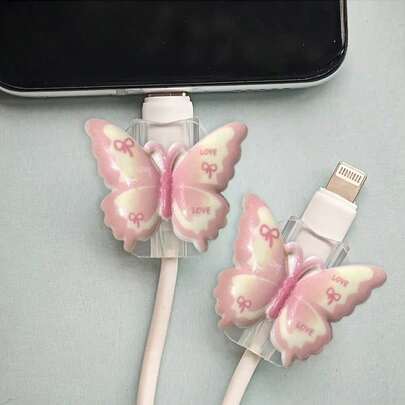 2个装渐变蝴蝶结通用Lightning（5-14）Type-C数据线保护套 - 耐用、防断裂、时尚手机配件设计 - 塑料材质，饰有可爱蝴蝶结，充电线保护套
