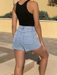 Quần short Bermuda denim nữ không co giãn, gấu quần rách, cài nút, kiểu dáng thường ngày, thích hợp cho mùa hè. - Rửa nhẹ - Xem 2