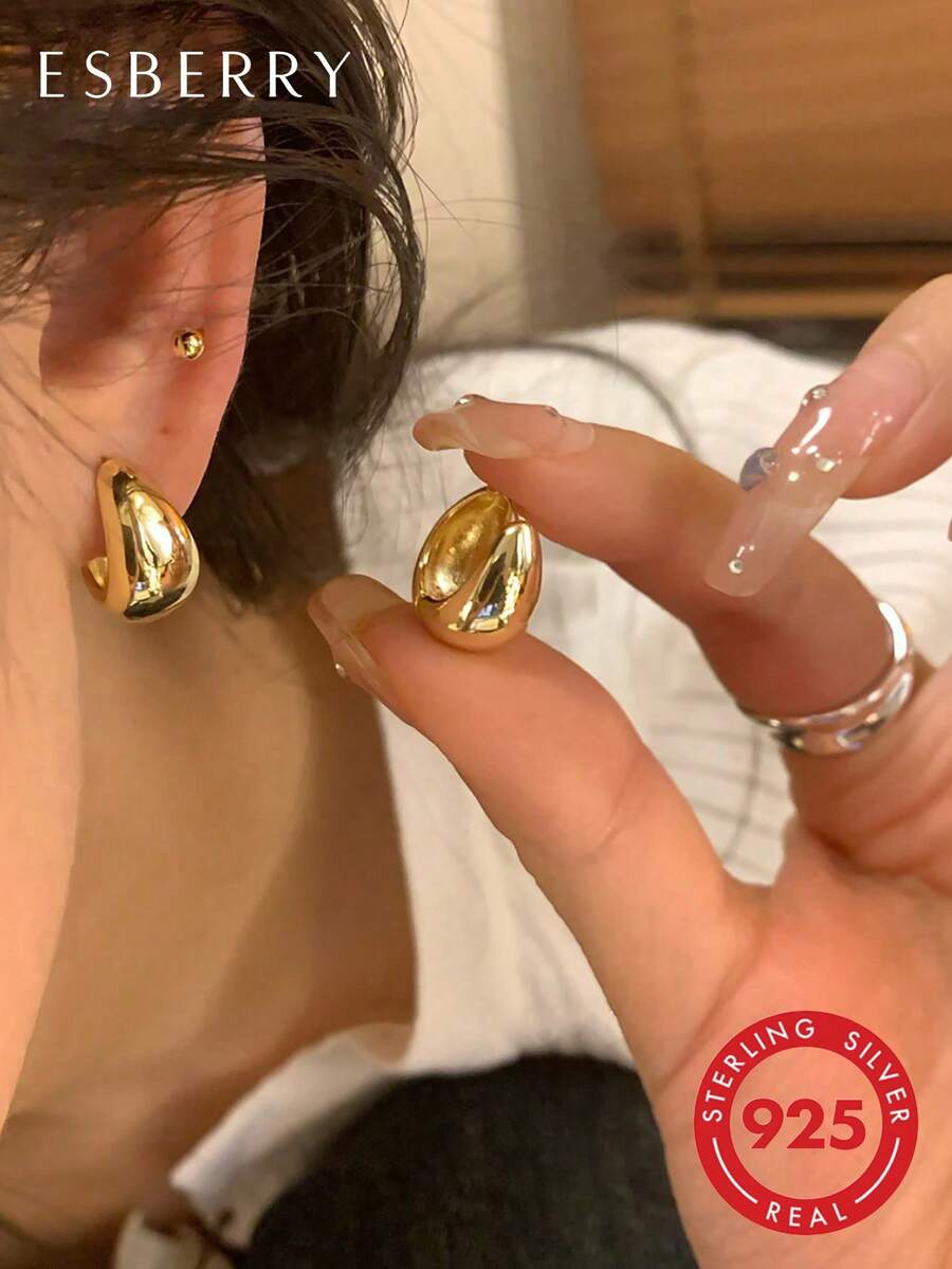 ESBERRY 1 Đôi bông tai bạc Sterling S925/925 hình hạt đậu tinh tế, tối giản, món quà trang sức thanh lịch dành cho phụ nữ, quà tặng dự tiệc, quà sinh nhật.