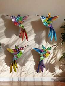 4 件套铁质 3D 蜂鸟墙壁艺术装饰，充满活力的金属花园装饰，适合户外庭院 - 彩色 - 查看 4