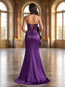 Đầm dạ hội dáng đuôi cá cổ yếm sang trọng màu đen và tím, dài tay, không tay, điểm nhấn nơ, thích hợp cho đám cưới, tiệc tùng mùa xuân. - Màu tím - Xem 2