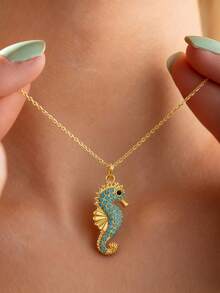 1 Peça Colar de Cavalo-Marinho Sussurro do Oceano Feminino, Estilo Boêmio, Material de Cobre, Adequado para o Verão, Uso Diário Versátil, Férias na Praia - Dourado - Visão 1