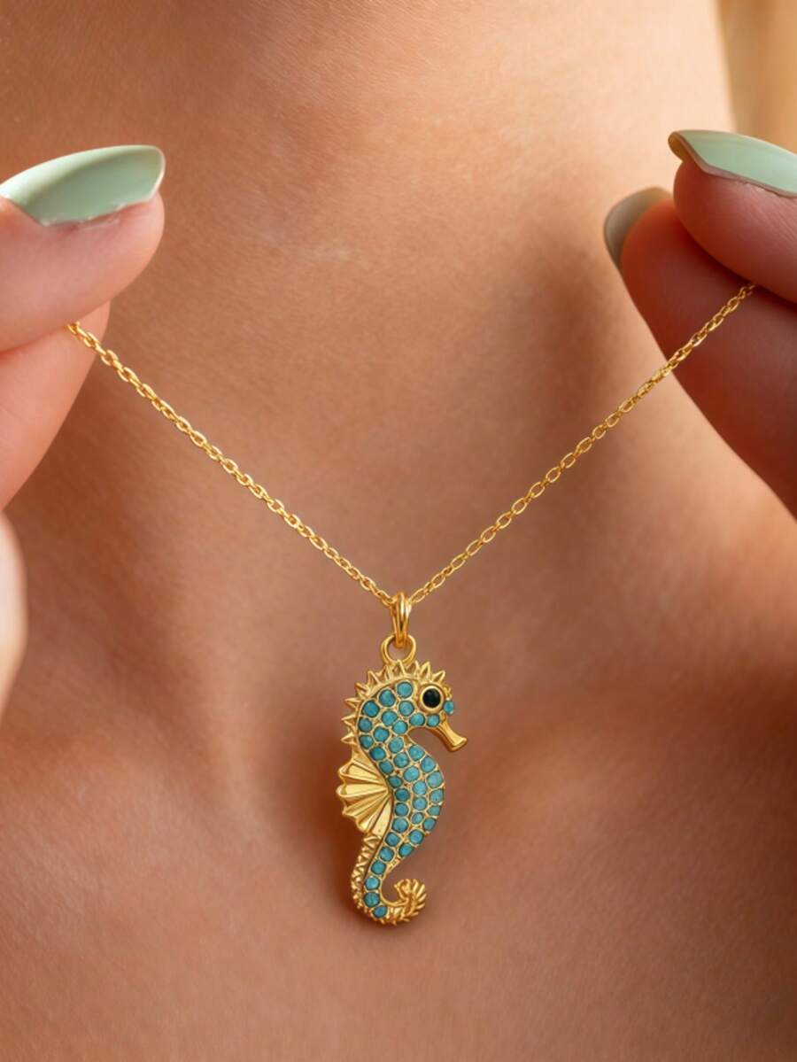 1 Peça Colar de Cavalo-Marinho Sussurro do Oceano Feminino, Estilo Boêmio, Material de Cobre, Adequado para o Verão, Uso Diário Versátil, Férias na Praia - Dourado - Visão 1