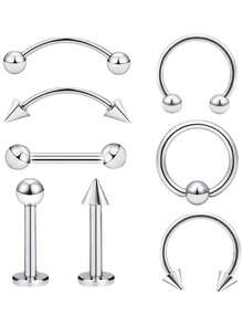 8件套不锈钢人体穿刺饰品套装 - 弯杆、卡珠环、唇钉，适用于鼻钉、眉钉、耳屏钉、耳软骨钉等穿刺部位 - 銀色 - 查看 1