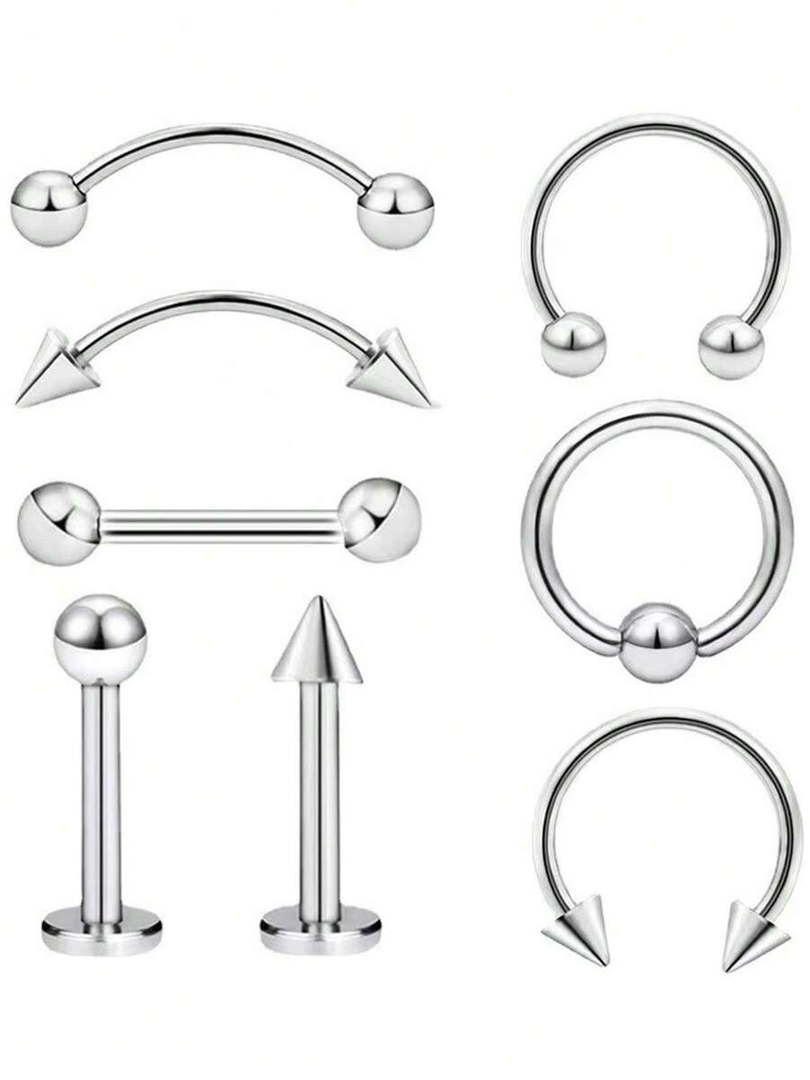 8件套不锈钢人体穿刺饰品套装 - 弯杆、卡珠环、唇钉，适用于鼻钉、眉钉、耳屏钉、耳软骨钉等穿刺部位 - 銀色 - 查看 1