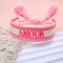 1pc Handmade Embroidered French "AMOUR" Creative Woven Vintage Style Bracelet, Suitable For Couples, Holiday Gift, Blessing Cord - Phosphor - View 4