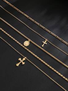 5件套十字架吊坠项链套装，复古嘻哈独特魅力男士饰品 - 金色 - 查看 4