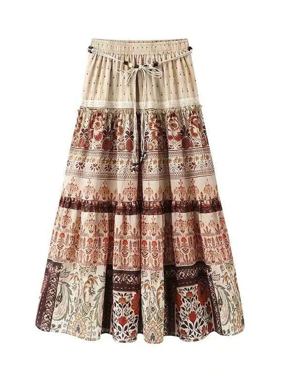 EARO Women's Maxi Skirt, Elastic Waist, Bohemian Floral Pattern, Multi-Layer Fabric, Casual Non-Stretch Maxi Dress - Apricot Coffee - View 1