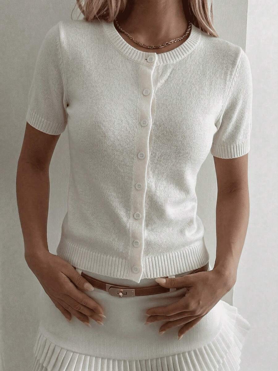 极简白色短袖开衫，女士修身短款针织上衣 - 白色 - 查看 1