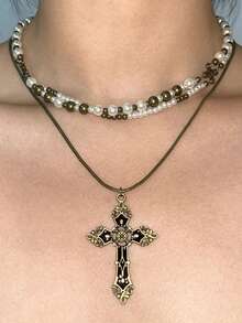 1 chiếc vòng cổ thánh giá hạt ngọc trai giả màu xám, dây chuyền đồng nhiều màu sang trọng thời trang, phong cách Goth phù hợp cho nam và nữ, tiệc tùng và mặc hàng ngày - Nhiều màu - Xem 18