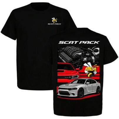 Camiseta reversible Dodge Charger Scat Pack con estampado de motor HEMI de 6.4 litros y el icónico logo de la abeja Scat Pack. Un regalo perfecto para los amantes de los autos. Camiseta casual, cómoda, suave y de algodón puro. Talla única para hombre.