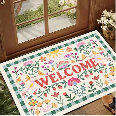 1 件彩色花卉“欢迎”图案入口地垫，简约风格短绒速干防滑可水洗门垫，适用于厨房、浴室、餐厅、走廊，适合派对、聚会、节日、四季皆宜，也可用于庭院装饰、家居装饰、房间装饰，营造秋季氛围。