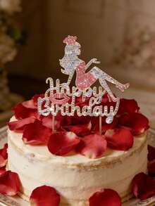1个闪亮生日蛋糕装饰插牌，镶钻“生日快乐”字样，女孩剪影装饰，优雅节日派对蛋糕装饰 - 彩色 - 查看 1