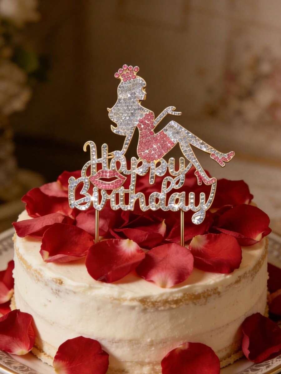 1个闪亮生日蛋糕装饰插牌,镶钻“生日快乐”字样,女孩剪影装饰,优雅节日派对蛋糕装饰 - 彩色 - 查看 1