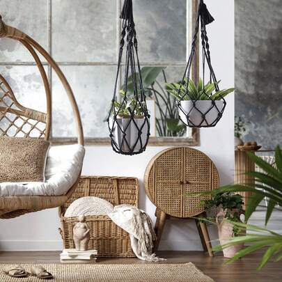 1 chiếc giá treo cây bằng dây cotton thủ công với hạt gỗ, 5 kiểu dáng để lựa chọn, thích hợp trang trí nhà và vườn theo phong cách Boho trong nhà và ngoài trời.