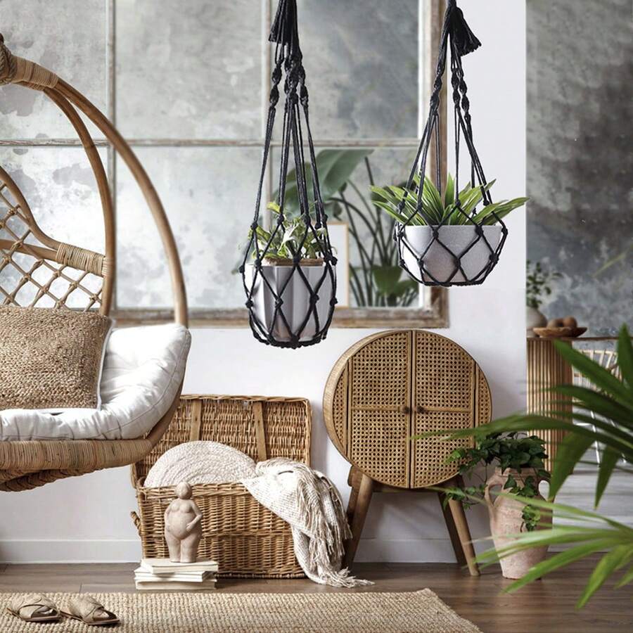 1pc Handmade Cotton Rope Hanging Plant Holder With Wooden Beads, 5 Styles Available For Indoor And Outdoor Boho Home And Garden Decor - Hanging Basket - View 1