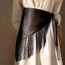 Women Retro Waistband Tassel Wide Waist Belt Fashion Triangle Tassel Corset Belt Shirt Dress Coat Decor Accessories - 黑色 - 查看 2