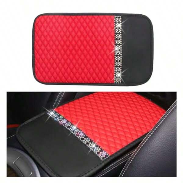 Bling Leather Car Armrest Seat Box Cover Car Console Armrest Cover With Crystal Rhinestones Anti-Scratch Waterproof Auto Center Console Protector Cushion Pad For Car SUV Truck Red