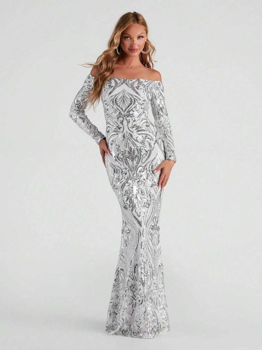Paityn Formal Off-The-Shoulder Sequin Dress - Silver - View 1